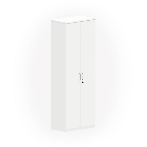 White cabinet with two doors, handles and lock in front of a light background.